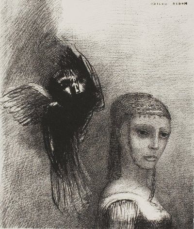 And a Large Bird, Descending From the Sky, Hurls Itself Against the Topmost Point of Her Hair (plate 3 of 10) by Odilon Redon