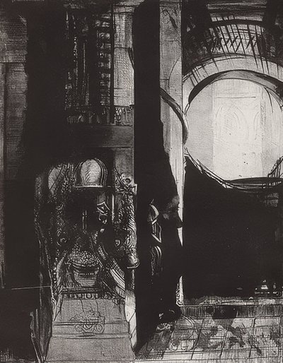 And Everywhere There Are Columns of Basalt, The Light Falls from the Vaults, Plate 3 from the Series The Temptation of Saint Anthony by Odilon Redon