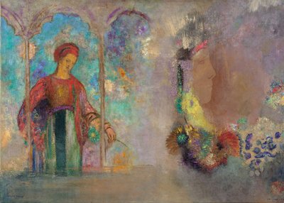 Woman in a gothic arcade - Woman with flowers by Odilon Redon