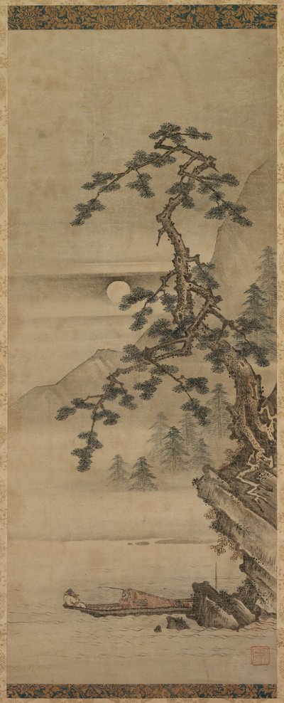 Moonlit Landscape of Pine Tree with Old Man in Boat, Muromachi period, 1392-1573 by Oguri Sotan