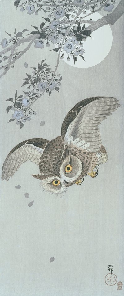 Scoop Owl in Flight with Blossom and Full Moon by Ohara Koson