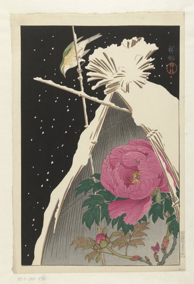 Siberian Bluechat Next to a Peony Sheltered by a Snowcovered Hay Sheaf by Ohara Koson