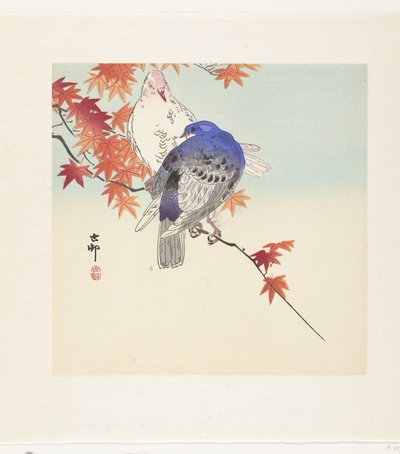 Two Pigeons on a Branch with Autumn Leaves by Ohara Koson