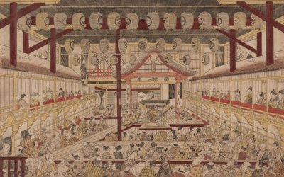 Perspective View of the Interior of the Nakamura Theater with Ichikawa Ebizo II as Yanone Goro by Okumura Masanobu