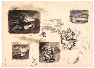 Sheet with Various Studies, Including "A Man Surprises a Woman" and "Diogenes Searching for an Honest Man" by Oluf Hartmann