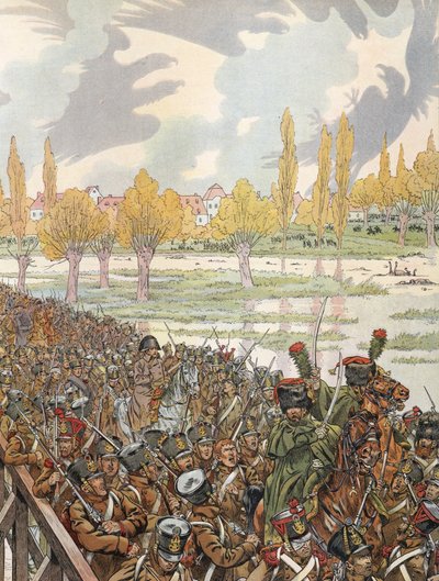 Napoleon Crossing the Bridge at Elster with His Army, with an Ominous Looking Sky by Onfray de Breville Job
