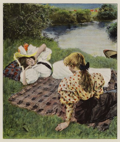 Two young women relaxing on a riverbank discussing being in love by Oscar Bluhm