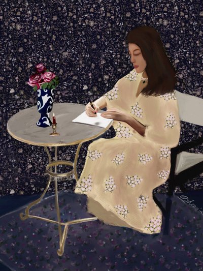 Elegant Woman Writing by Osheensgallery