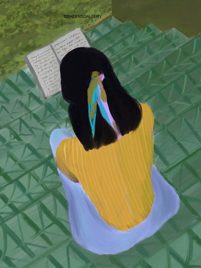 Girl Reading on Stairs by Osheensgallery