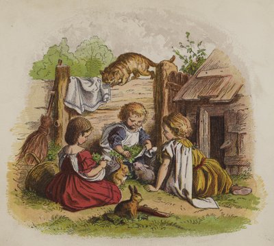 Three girls playing with their pet rabbits, watched by a cat by Oskar Pletsch
