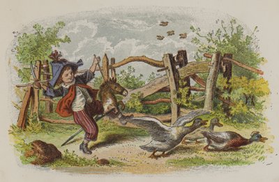 Young boy playing on his hobby horse and scaring a group of geese by Oskar Pletsch