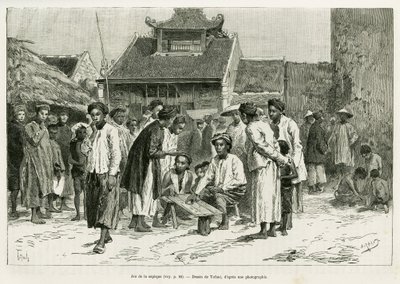 Game of the sapeque. Engraving by Tofani, to illustrate the story Trente mois au Tonkin, in 1884, by Dr Paul Hocquard, in le tour du monde 1890, under the direction of Edouard Charton, Hachette, Paris by Oswaldo Tofani
