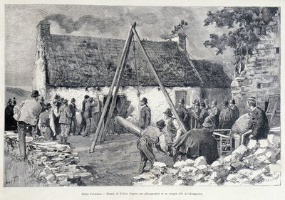 Men running through a door with the help of a belly tree to expel the occupant from the dwelling. Drawing by Tofani from a sketch of O. de Champeaux (19th century) by Oswaldo Tofani