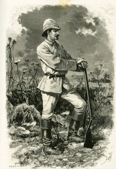 Portrait of Dr. Emile Holub in an exploration suit (engraving by Tofani, to illustrate the story 