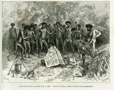 What can a newspaper be used for? Engraving to illustrate the story Chez les cannibales, Voyage dans le nord-est de l