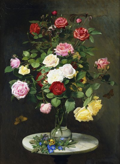 A Bouquet of Roses in a Glass Vase by Wild Flowers on a Marble Table by Otto Didrik Ottesen