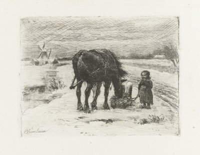 Snowy Landscape with Child and Horse by Otto Eerelman