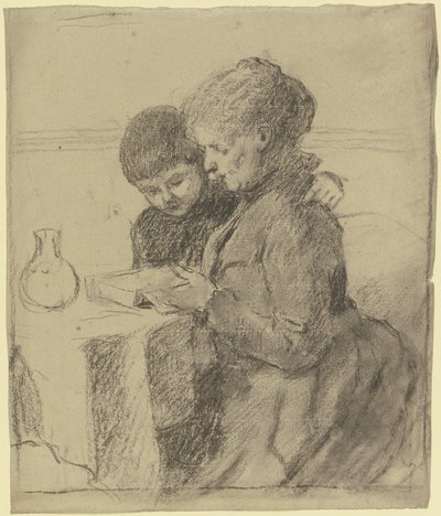 Luise Scholderer reading a book together with her son Victor by Otto Scholderer