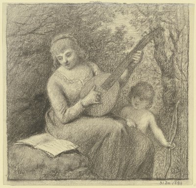 Woman Making Music with Cupid by Otto Scholderer