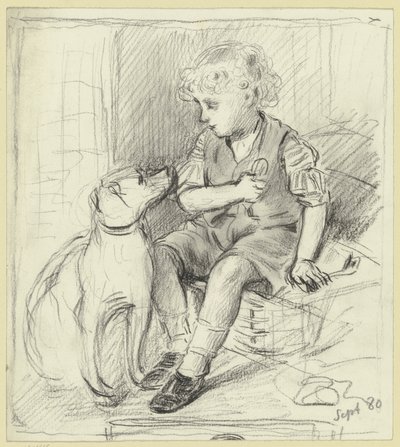 Seated Boy with Seated Dog by Otto Scholderer
