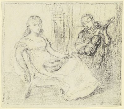 Two Girls with String and Plucked Instruments by Otto Scholderer