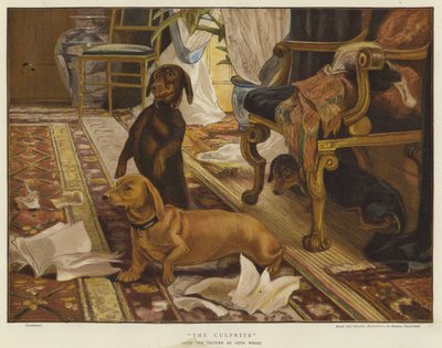Three Dachshunds Around a Chair in a Living Room (colour litho) by Otto Weber