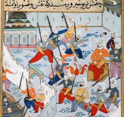 Capture of Constantinople: the army of the Ottoman Sultan Mehmet II in the Golden Horn besieged the city of Constantinople in 1453. 15th century miniature. Topkapi Sarayi Museum Library Istanbul by Ottoman School
