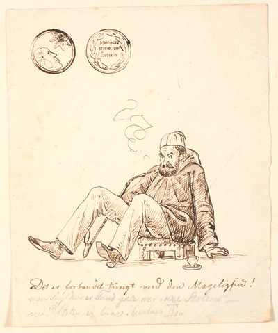 Caricature of Johan Thomas Lundbye with Fez, Long Pipe, and Coffee Cup, Sitting on an Oriental Stool. Above, a Medal with the Inscription 
