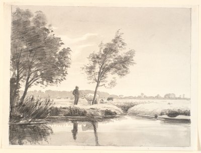 Landscape with Fields, Trees, Cows, and a Farmer Reflecting in the Foreground Water by P.C. Skovgaard