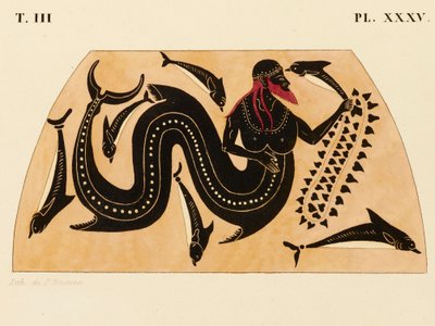 Print of the Decoration on a Greek Amphora, showing Poseidon accompanied by Dolphins, c. 1858 by P. Bineteau