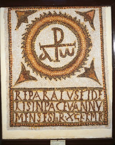 The Uppenna Mosaic, Mosaic work depicting a tomb with an epitaph: alpha and omega (the beginning and the end) by Paleo Christian