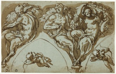 Study for Spandrel Decoration with Satyress, Satyrs, and Putti (recto); Head of Putto (verso) by Paolo Farinati