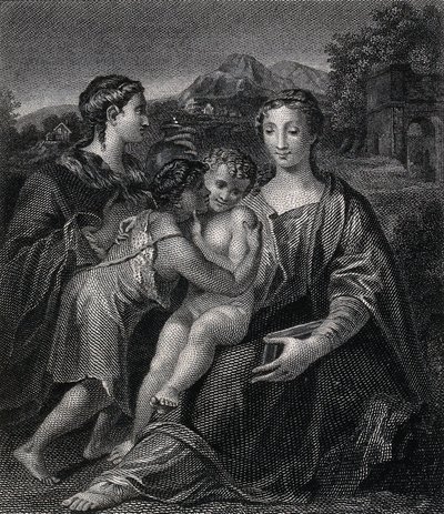 Saint Mary (the Blessed Virgin) with the Christ Child, Saint John the Baptist and Saint Mary Magdalene. Engraving after G.F.M. Mazzola, il Parmigianino. by Parmigianino
