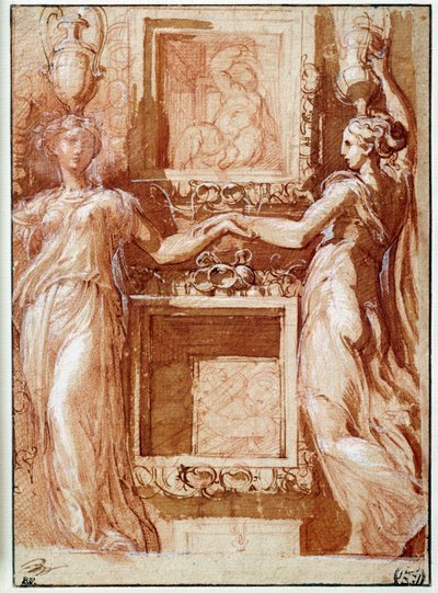 Two canephores giving their hand, on both sides of boxes by Parmigianino