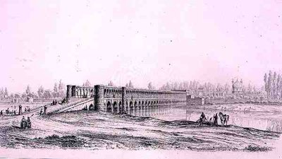 Allah Verdi Khan Bridge, in Isfahan, from Voyage Pittoresque of Persia by Pascal Xavier (after) Coste