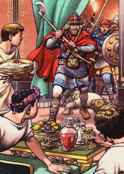 Barbarians Invading a Romano British Dinner Party by Pat (1907-95) Nicolle