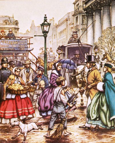 Typical London street scene of the 1860s by Pat (1907-95) Nicolle