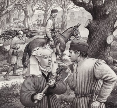 A woman finds herself in trouble when she chops down the branch of a tree by Pat (1907-95) Nicolle