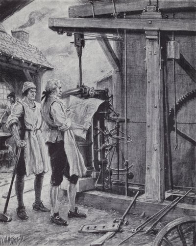 James Watt at work on the steam engine by Paul (after) Hardy