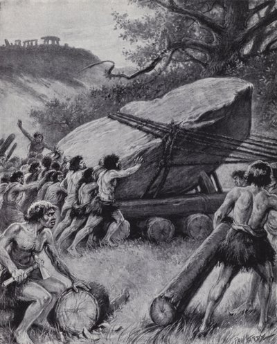 Paleolithic Men Moving a Giant Slab of Rock on Wheels (litho) by Paul (after) Hardy