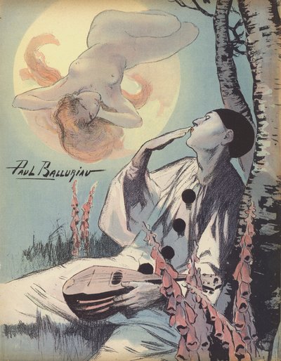 Pierrot blowing a kiss towards a vision of a naked woman by Paul Balluriau