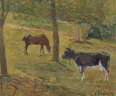 Cow and Horse in a Meadow by Paul Gauguin