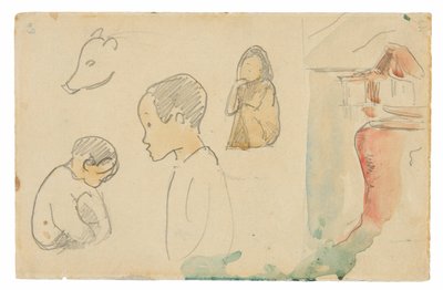 Sketches of Crouching and Standing Figures, a Pig, and a Hut at Water’s Edge by Paul Gauguin