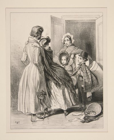 Mr. Frederic sees the adored woman sent back by a husband arriving one morning... by Paul Gavarni