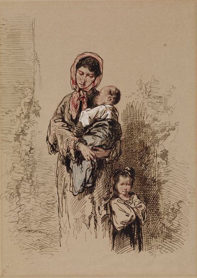 Peasant Woman with Two Young Children by Paul Gavarni
