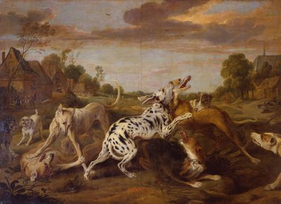 Hounds Fighting in a Village Landscape with a Hunting Party Beyond by Paul de Vos