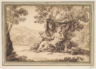 Woman with Two Dogs Seated in a Landscape by Paul van Somer
