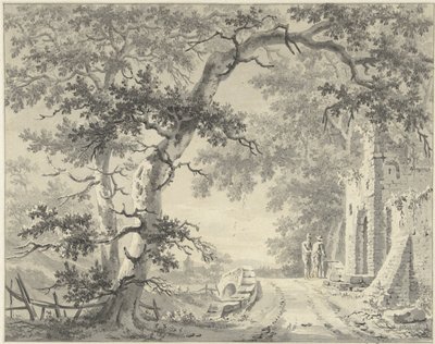 Two figures on a bridge near a ruin by Paulus van Liender