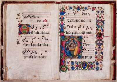 Piccolomini Library: choir book, cod. 102.8, ff. 47v-48r with “Nativity” by Pellegrino di Mariano