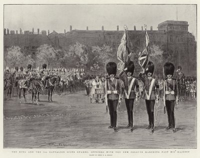 The King and the 3rd Battalion Scots Guards, Officers with the New Colours Marching Past His Majesty by Percy F.S. Spence
